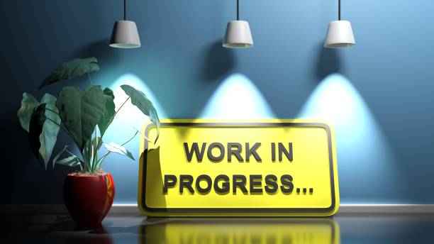 istock WORK IN PROGRESS yellow sign at blue wall - 3D rendering illustration 1190478199