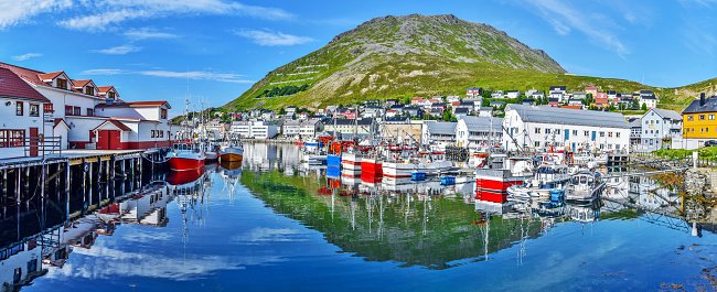 Panoramic view of Honningsvag town from the port in Mageroya island.  Nordkapp Municipality in Finnmark county.