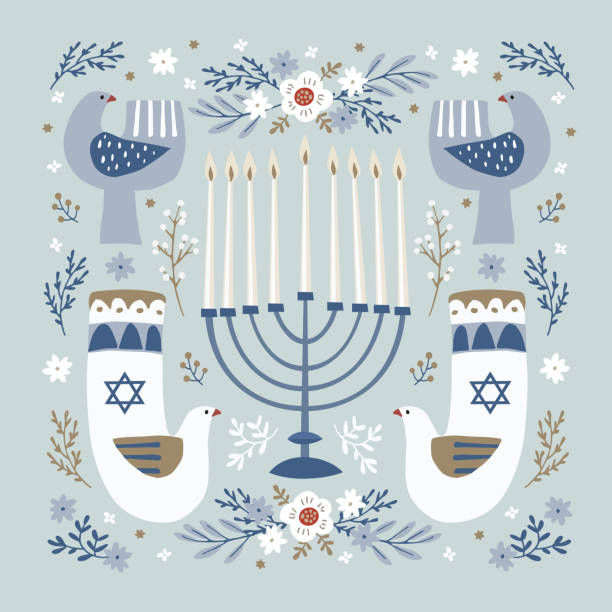 illustrazioni stock, clip art, cartoni animati e icone di tendenza di biglietto d'auguri happy hanukkah, invito con portacandele disegnati a mano, uccelli colomba ornamentali, stelle e fiori david. illustrazione vettoriale per il festival ebraico della luce. motivo decorativo floreale. - holiday happiness menorah hanukkah