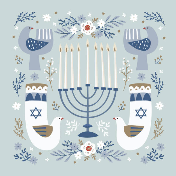 ilustrações, clipart, desenhos animados e ícones de cartão feliz de hanukkah, convite com candleholder desenhado à mão, pássaros ornamentais da pomba, estrelas de david e flores. ilustração do vetor para o festival judaico da luz. padrão decorativo floral. - hanukkah menorah candle blue