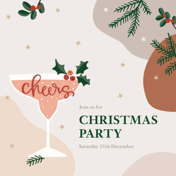 Christmas party greeting card, invitation. Cocktail, wine glass with holly berries. Cheers handletterd text. Winter celebration concept. Abstract background with fir branches, stars and cranberries. Christmas party greeting card, invitation. Cocktail, wine glass with holly berries. Cheers handletterd text. Winter celebration concept. Abstract background with fir branches, stars and cranberries. happy hour illustrations stock illustrations