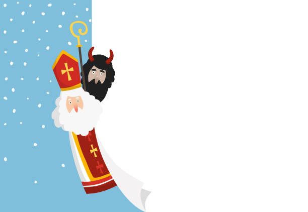 illustrazioni stock, clip art, cartoni animati e icone di tendenza di carino disegnata a mano san nicola con diavolo e foglio di carta bianca, biglietto d'auguri. sfondo invernale, banner web con neve che cade e spazio di copia. design piatto, illustrazione vettoriale. tradizione europea. - nicolaus