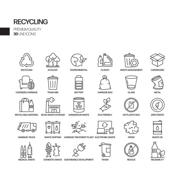 ilustrações de stock, clip art, desenhos animados e ícones de simple set of recycling related vector line icons. outline symbol collection - paper glass