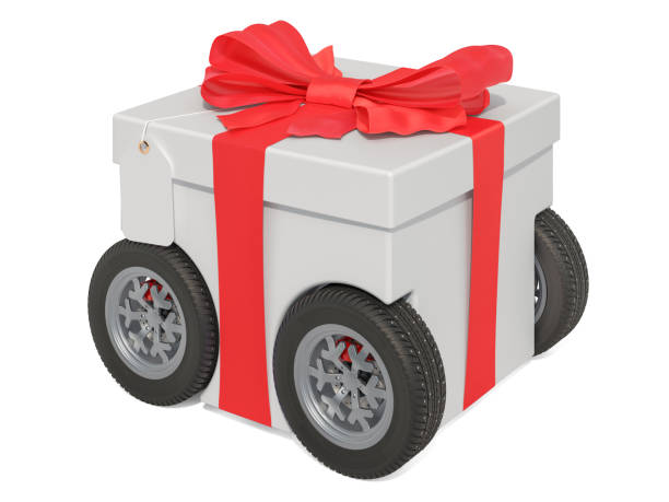 istock Gift box with wheels, fast delivery concept. 3D rendering isolated on white background 1190487036