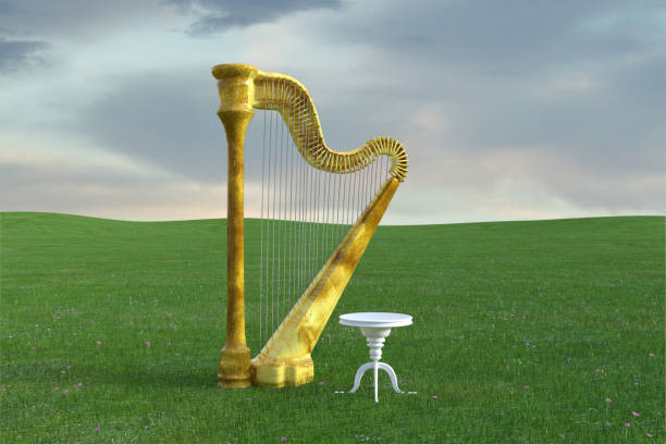 Golden harp and stool in a field, 3d render.