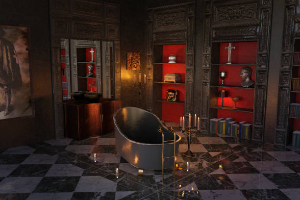 istock Dark Gothic room with bath and candles, 3d render. 1190494460