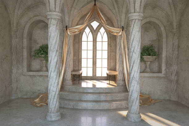 istock Elegant balcony with gold curtains and arched window, 3d render. 1190494497