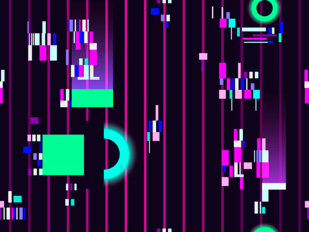 istock Cyberpunk seamless pattern. Retro futurism of the 80s. Neon round and linear light rays. Glitch, signal error. Background synthwave. Vector illustration 1190494852