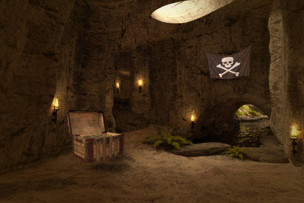 istock Hidden Pirates cave with torches and treasure, 3d render. 1190494869