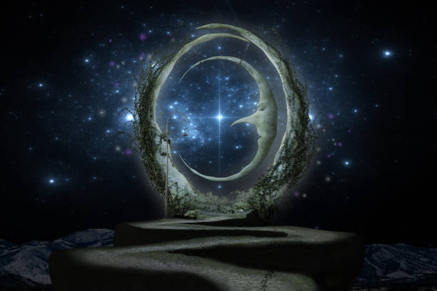 istock Fantasy background of a path to the moon with a starry night sky, 3d render. 1190494910