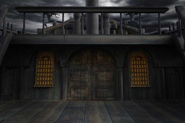istock Front of an old ship looking at cabin doors with a dark sky, 3d render. 1190494983