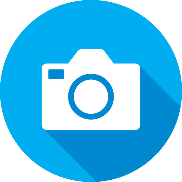 Vector illustration of a blue camera icon in flat style.