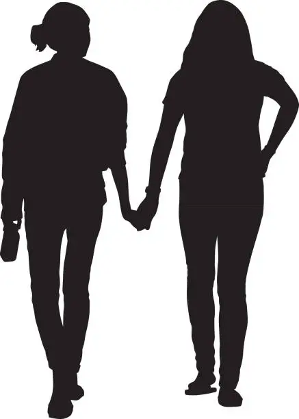 Vector illustration of Two Young Women Walking Holding Hands