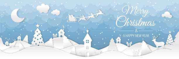 ilustrações de stock, clip art, desenhos animados e ícones de winter christmas landscape with houses and trees. merry christmas and happy new year. santa claus sleigh in the night sky with stars. vector paper and crafts art - xmas modern trees night