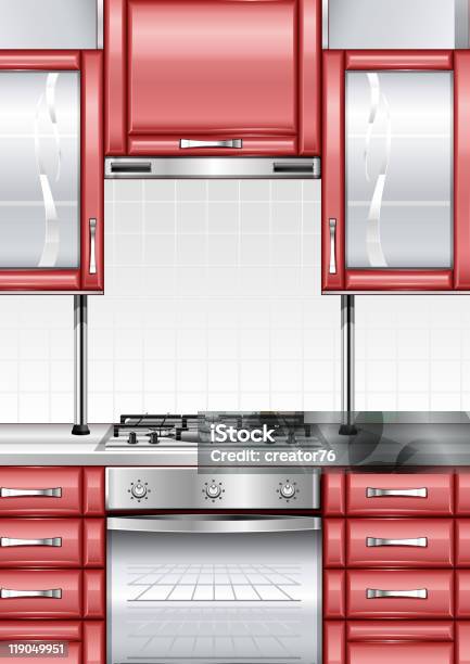 Cozinha Vermelho - Arte vetorial de stock e mais imagens de Apartamento - Apartamento, Armário, Azulejo