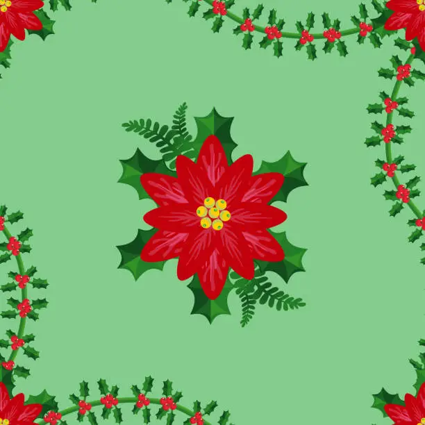 Vector illustration of Christmas pattern with flowers and Christmas foliage