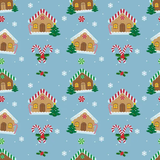 Vector illustration of Christmas pattern with candy house and snow