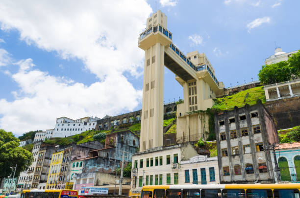 View of the Lacerda Elevator Salvador, Brazil  - Novemberl 11, 2019: View of the Lacerda Elevator and the Todos os Santos Bay in Salvador, Bahia, Brazil. lacerda elevator stock pictures, royalty-free photos & images