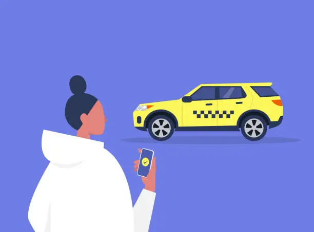 Vector illustration of Young female character ordering a taxi with a mobile app service, yellow cab with checkered pattern