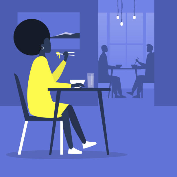молодая черная женская героиня ест лапшу палочками внутри современного восточного ресторана, тысячелетний образ жизни, питание вне дома - people eating silhouette cafe stock illustrations