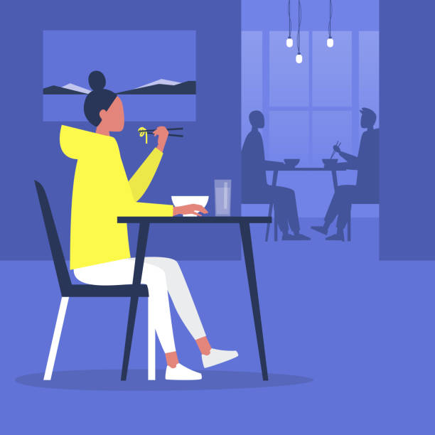 Young female character eating noodles with chopsticks inside a modern oriental restaurant, millennial lifestyle, eating out Young female character eating noodles with chopsticks inside a modern oriental restaurant, millennial lifestyle, eating out lunch silhouettes stock illustrations