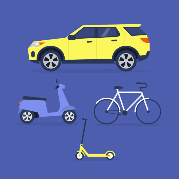kolekcja pojazdów miejskich: samochód, motocykl, skuter elektryczny, rower - wheel cycling nobody outdoors stock illustrations