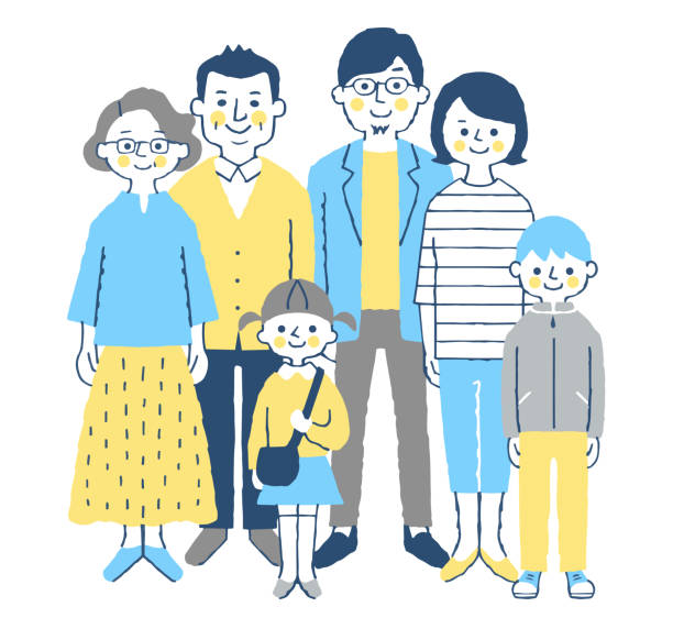 trzy pokolenia rodziny stoi przed frontem z uśmiechem - family portrait asian ethnicity mother stock illustrations