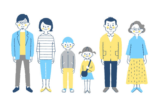 ilustraciones, imágenes clip art, dibujos animados e iconos de stock de tres generaciones de familia frente al frente con la sonrisa - two generation family illustrations