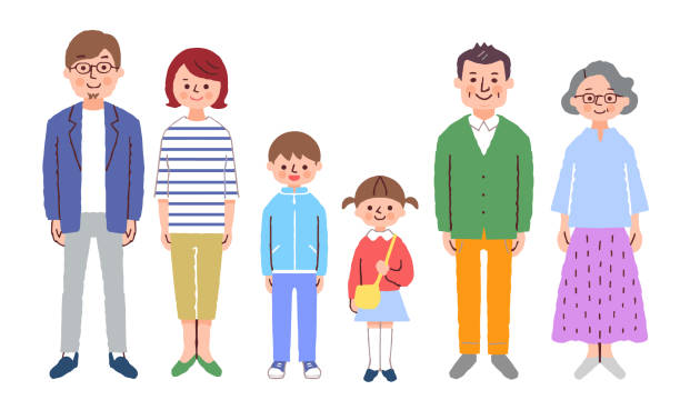 미소를 지으며 정면을 바라보는 3대 가족 - senior men age contrast father multi generation family stock illustrations