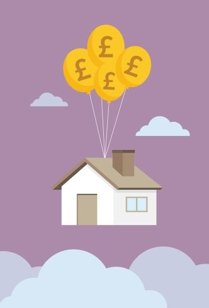 House float in the sky by UK pound balloon House, Home Ownership, House Rental, Savings, Investment british coins stock illustrations