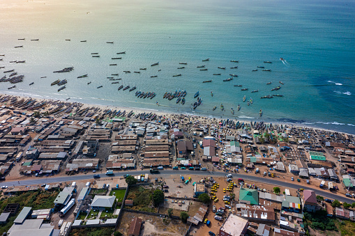 Aerial view of fishing village of Tanji. The Gambia. West Africa. Photo made by drone from above.