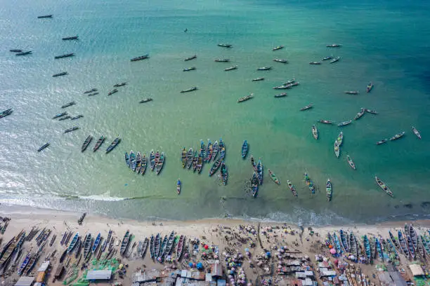 Aerial view of fishing village of Tanji. The Gambia. West Africa. Photo made by drone from above.