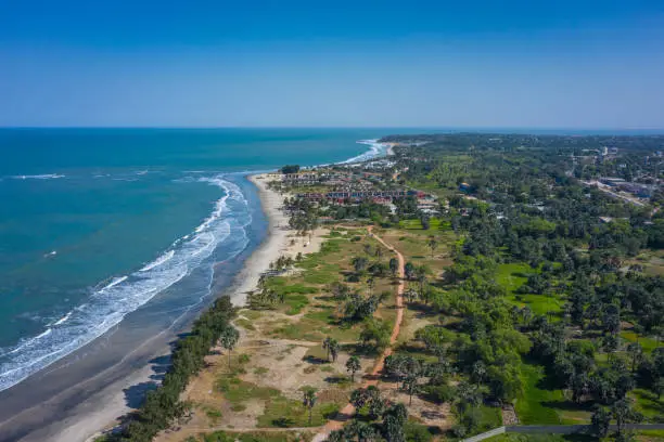 Aerial view of Idyllic beach near the Senegambia hotel strip in the Gambia, West Africa.