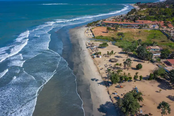 Aerial view of Idyllic beach near the Senegambia hotel strip in the Gambia, West Africa.