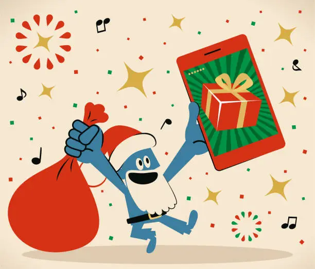 Vector illustration of Merry Christmas and New Year Greeting, smiling blue santa claus showing smart phone with gift box on screen