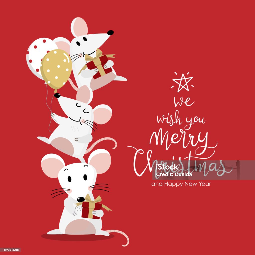Merry Christmas And Happy New Year 2020 Greeting Card Cute Mouse ...