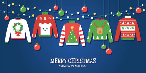 ilustrações de stock, clip art, desenhos animados e ícones de ugly christmas sweaters holiday party invitation vector design template - ugliness