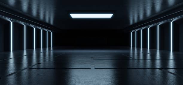 istock Empty light blue studio room futuristic Sci Fi big hall room with lights blue, Future background for design. 1190520576