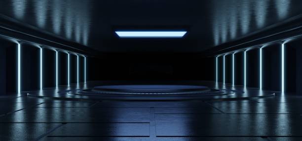 istock Empty light blue studio room futuristic Sci Fi big hall room with lights blue, Future background for design. 1190520583
