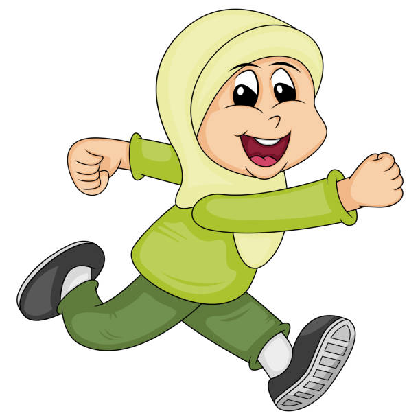 スポーツ衣装を着た��イスラム教徒の女の子が幸せに漫画のベクトルイラストを実行しています - humor athlete trophy one person点のイラスト素材／クリップアート素材／マンガ素材／アイコン素材