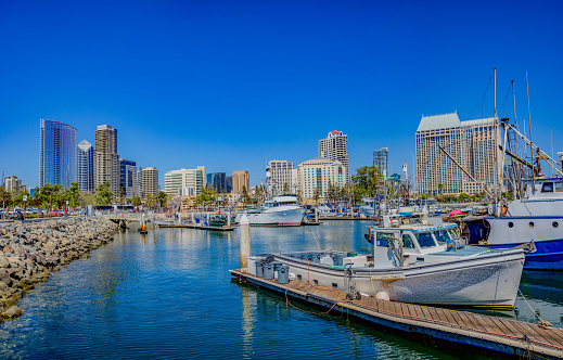 Dramatic harbor marina with recreational yachts and skyline of San Diego