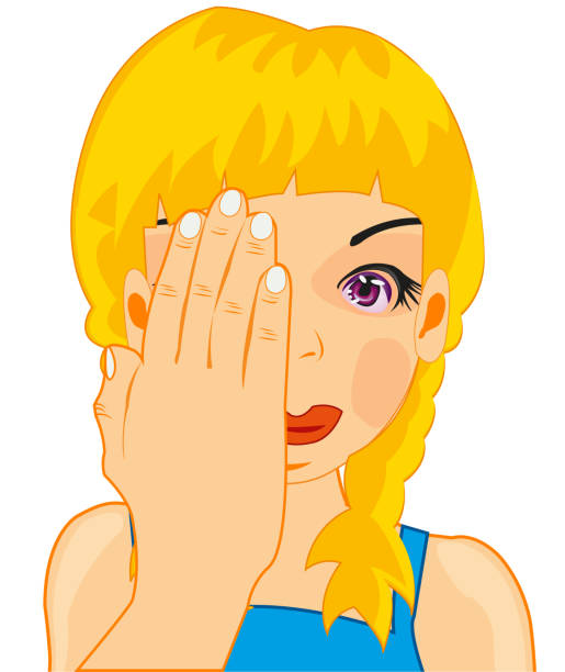Vector Illustration Of The Girl Closed One Eye By Palm Stock Illustration -  Download Image Now - iStock