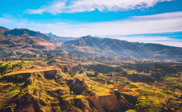 At Colca Canyon in Peru, South America, near the city of Arequipa, a river runs through a terraced field landscape.