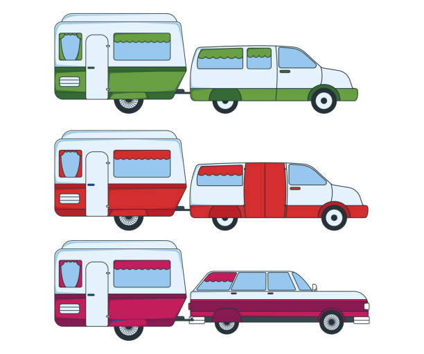 illustrations, cliparts, dessins animés et icônes de ensemble de voiture colorée avec remorque pour le voyage et le voyage. étiquette, insigne et bannière. concept automobile pour web, impression, t-shirt. logo, icône et fond pour l'affiche, carte-cadeau. dessin animé vector illustration - vehicle trailer flash