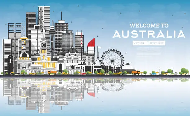 Vector illustration of Welcome to Australia Skyline with Gray Buildings, Blue Sky and Reflections.