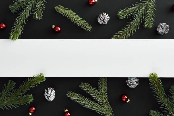 istock Silver bauble and evergreen tree branch on dark background 1190533490