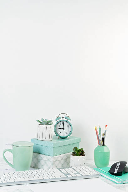 istock Home office concept with flowers in the pots and office supply, computer keyboard and mouse 1190536516