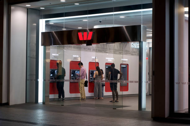 Entrance of an Westpanc Bank in Brisbane Brisbane, Queensland, Australia - 26th November 2019 : View of the Westpac bank entrance hall in Queenstreet with many many people using their ATM's dealing room photos stock pictures, royalty-free photos & images