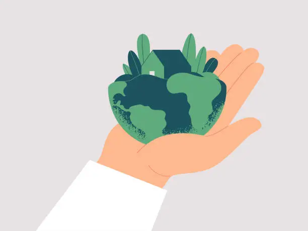 Vector illustration of Human hand carefully holds planet Earth.