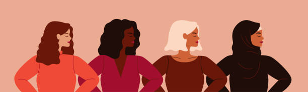 Four women of different nationalities and cultures standing together. Four women of different nationalities and cultures standing together. Women's friendship, union of feminists or sisterhood. The concept of the female's empowerment movement. month illustrations stock illustrations
